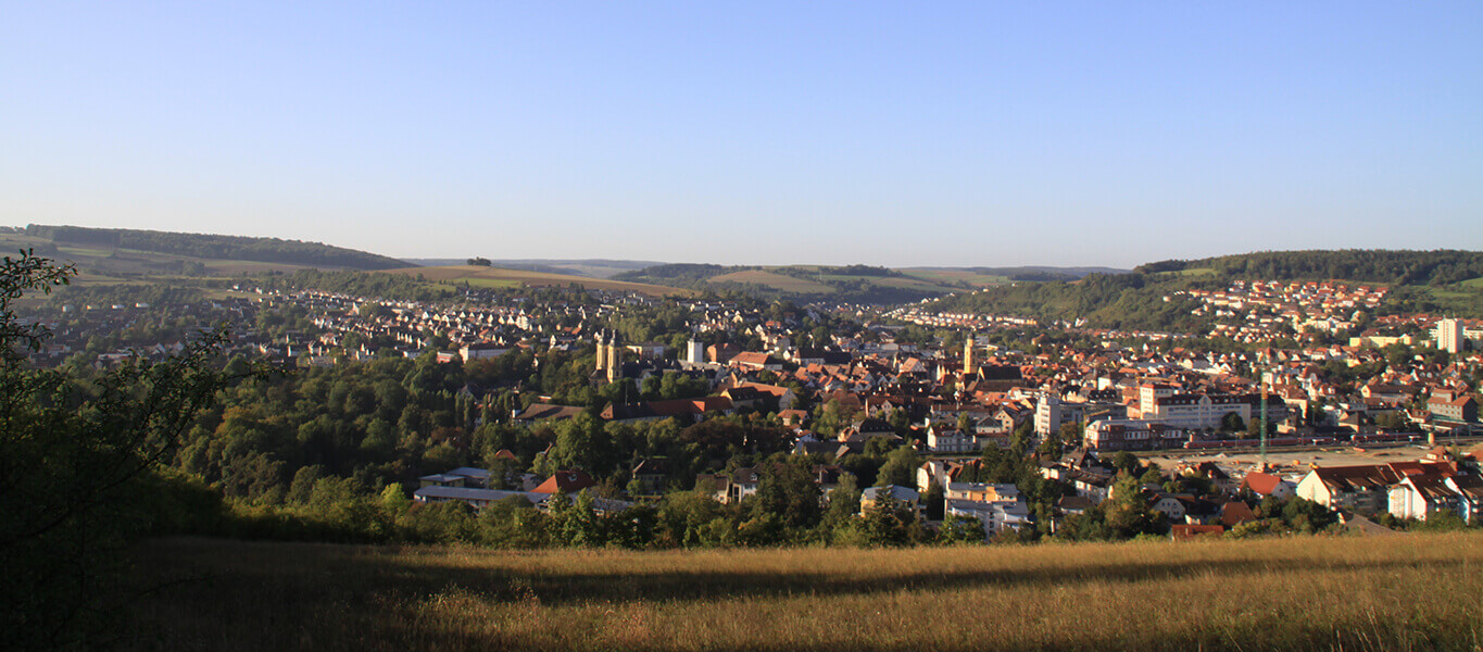 Panorama der Stadt Bad Mergentheim von einem Berg aus aufgenommen.